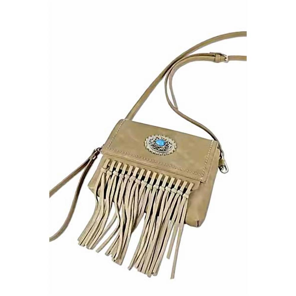 NEW MC HANDBAGS women's lily western fringe crossbody bag in khaki